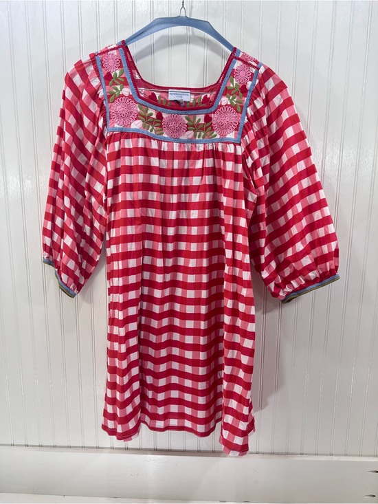 Mi Golondrina Dresses & Skirts - Mi Golondrina Red Pink and White Gingham Embroidered Peasant Short Dress XL